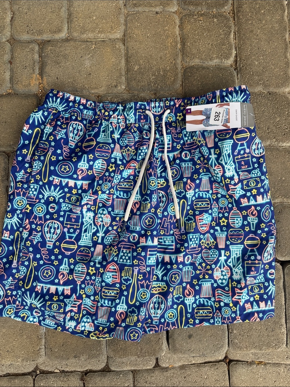 Men's Navy Blue Americana Pattern Athletic Swim Shorts